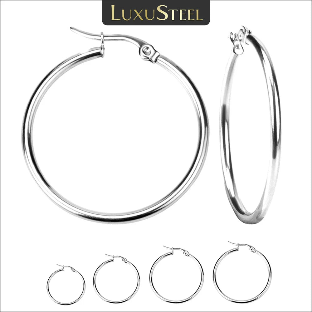 LUXUSTEEL 2PCS Stainless Steel Hoop Earrings – 10-70mm Silver-Tone Huggies for Men &amp; Women, Small to Large Circle Earrings