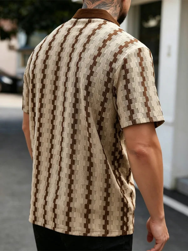 Men's Vintage Plaid Knit Shirt, Breathable Textured Short Sleeve Button-Up, Casual Summer Vacation Wear