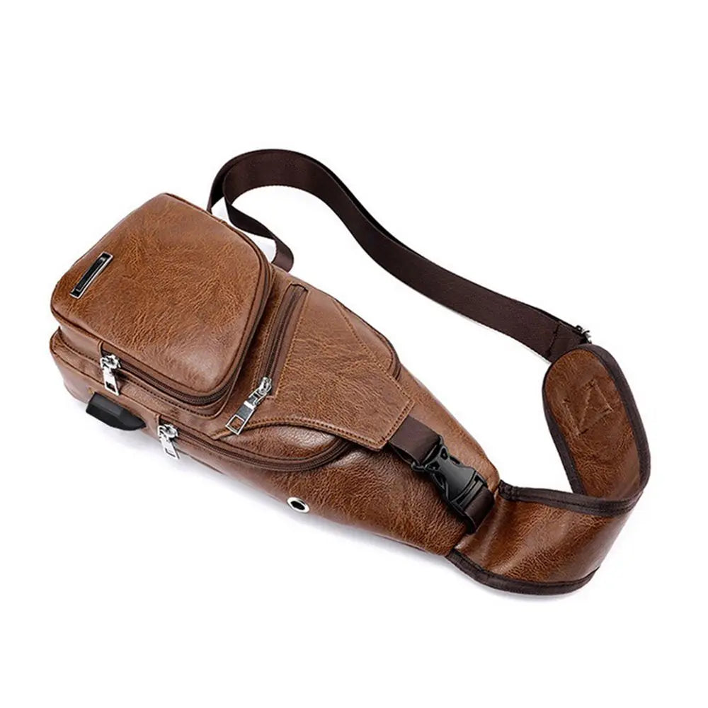 Men&#39;s Casual Chest Bag - PU USB Charging Shoulder Bag for Outdoor Sports