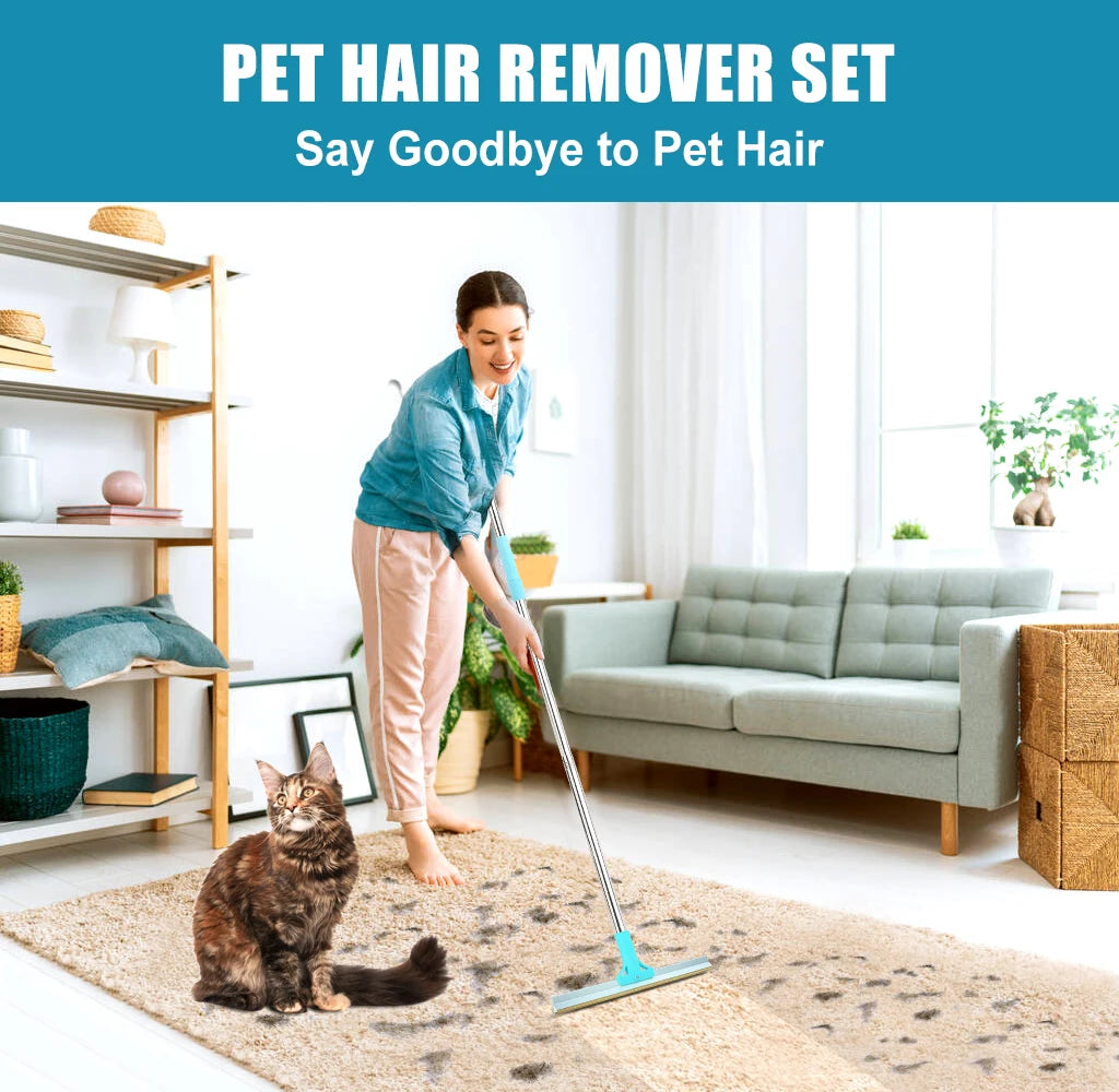 Pet Hair Remover Set – Adjustable Long-Handle Carpet Rake &amp; Lint Brush