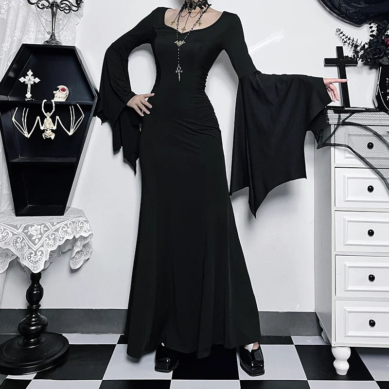 Women&#39;s Gothic Bat Sleeve Mermaid Dress: Addams Family Inspired Elegance