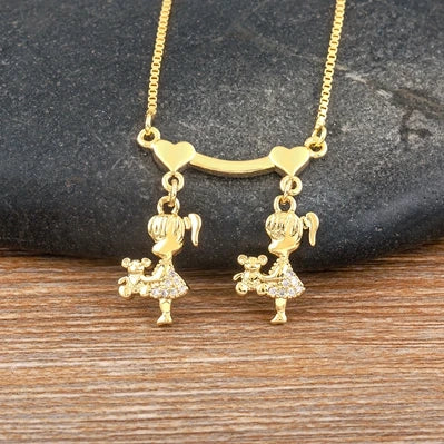 Nidin Gold-Plated Mom and Daughter Pendant Necklace with Cubic Zirconia, Elegant Mother's Day Jewelry Gift