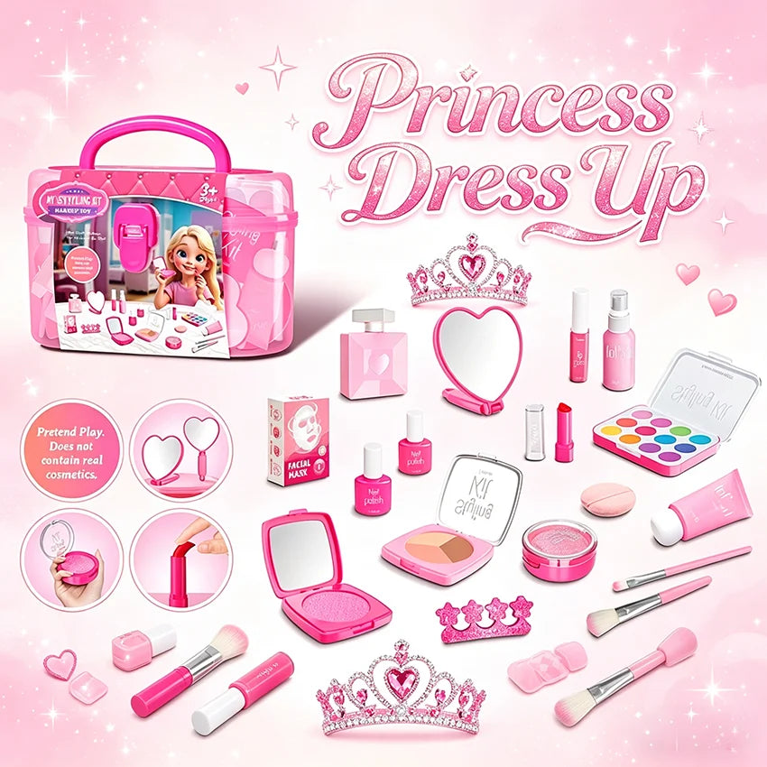 Princess Pretend Makeup Set for Girls, Toy Nail Polish, Lipstick and Eyeshadow, Fun Dress-Up Roleplay Gift