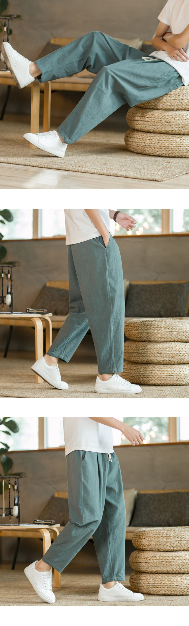 Men&#39;s Trousers Cotton Linen Fashion Casual Pants Solid Color Breathable Loose Shorts Straight Drawstring Pants Streetwear Men