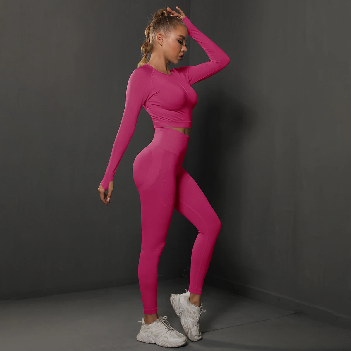 2-Piece Women&#39;s Seamless Gym Set: Bubble Butt Sports Pants &amp; Long Sleeve Top for Activewear