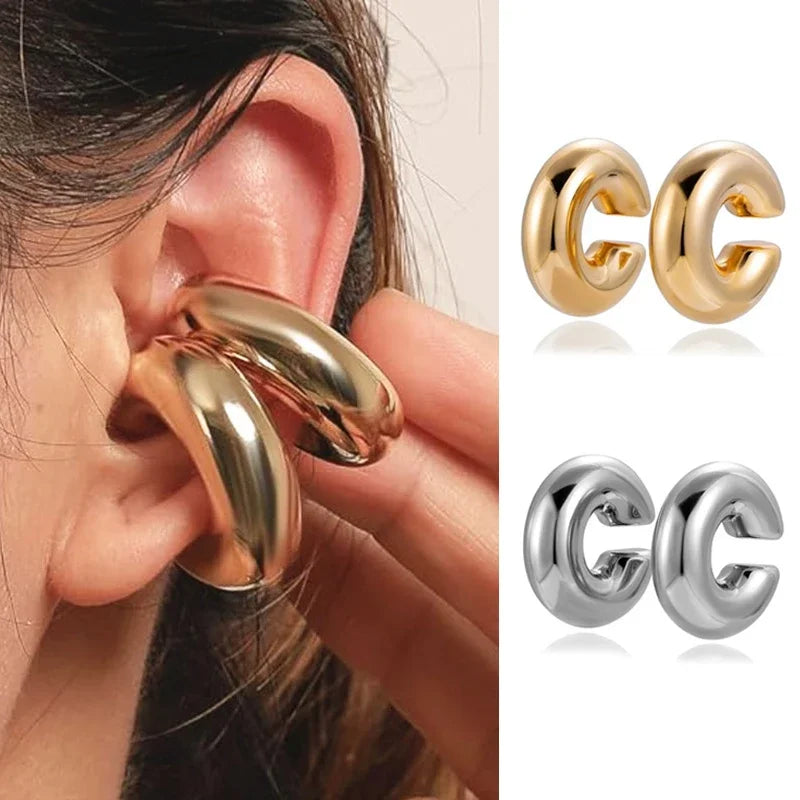 Oversize Chunky Circle Clip-On Earrings – Gold Plated Stainless Steel Ear Cuffs