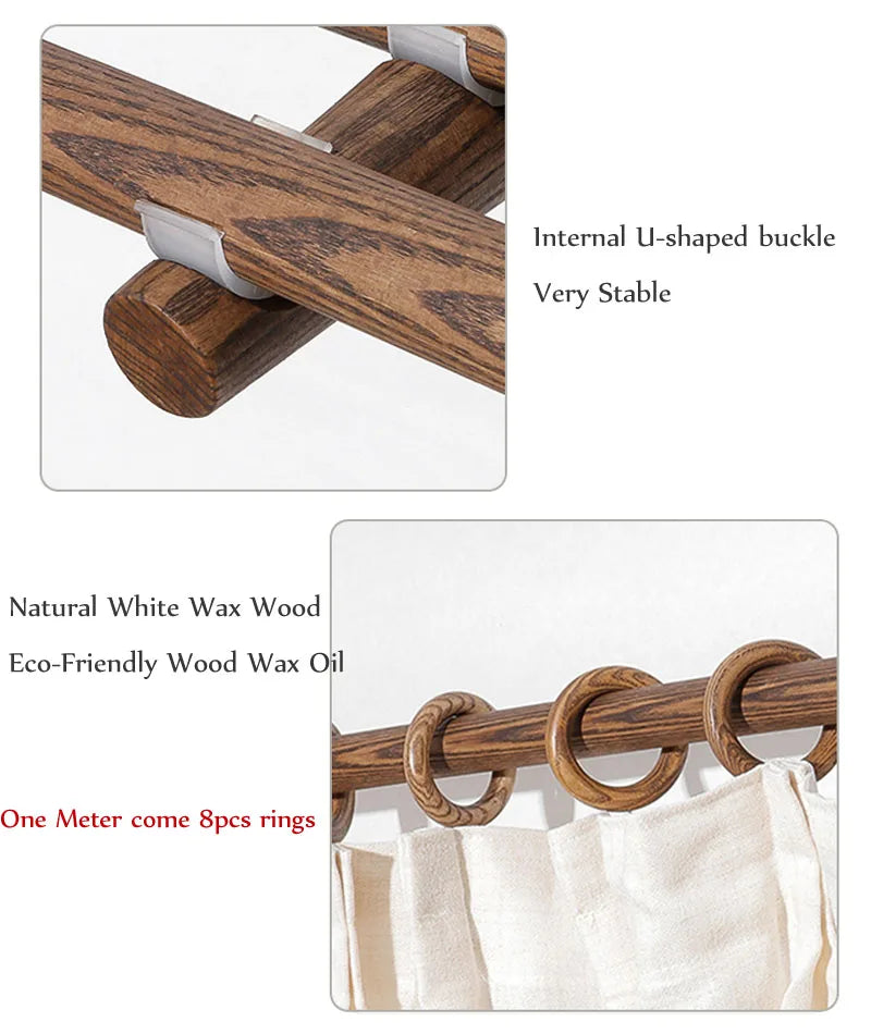 Walnut Color Single Wooden Curtain Rod Set: Premium Wax Wood Rod with Finials, Rings, and Brackets