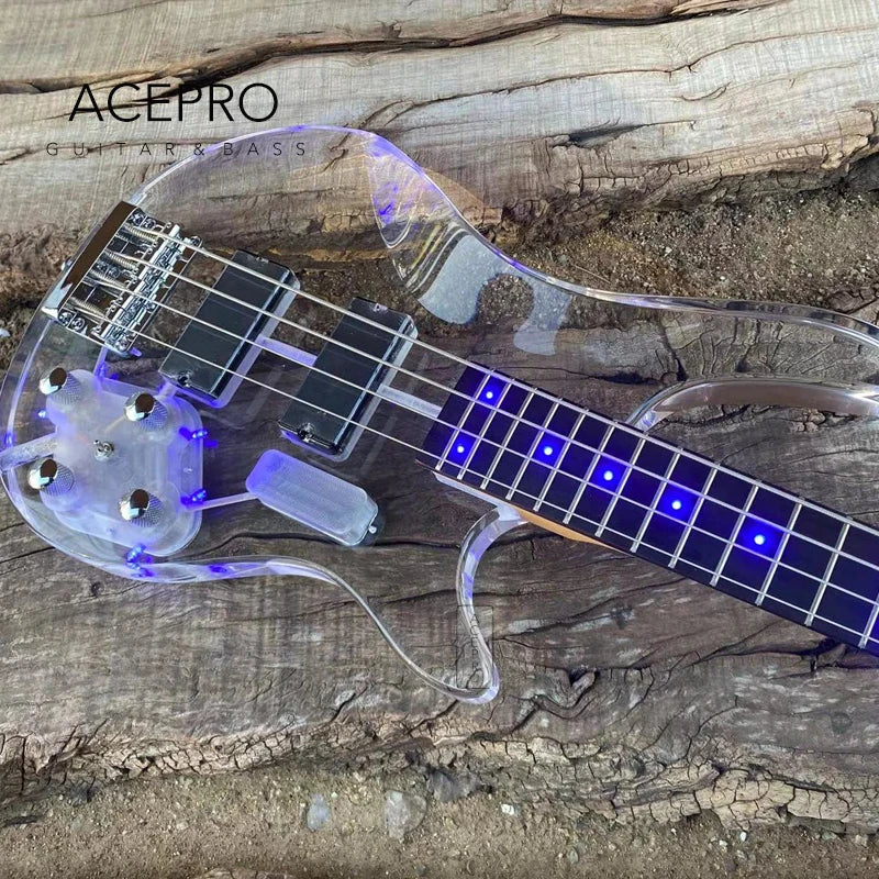 4-String Electric Bass Guitar - Blue LED Lights, Acrylic Body, Maple Neck