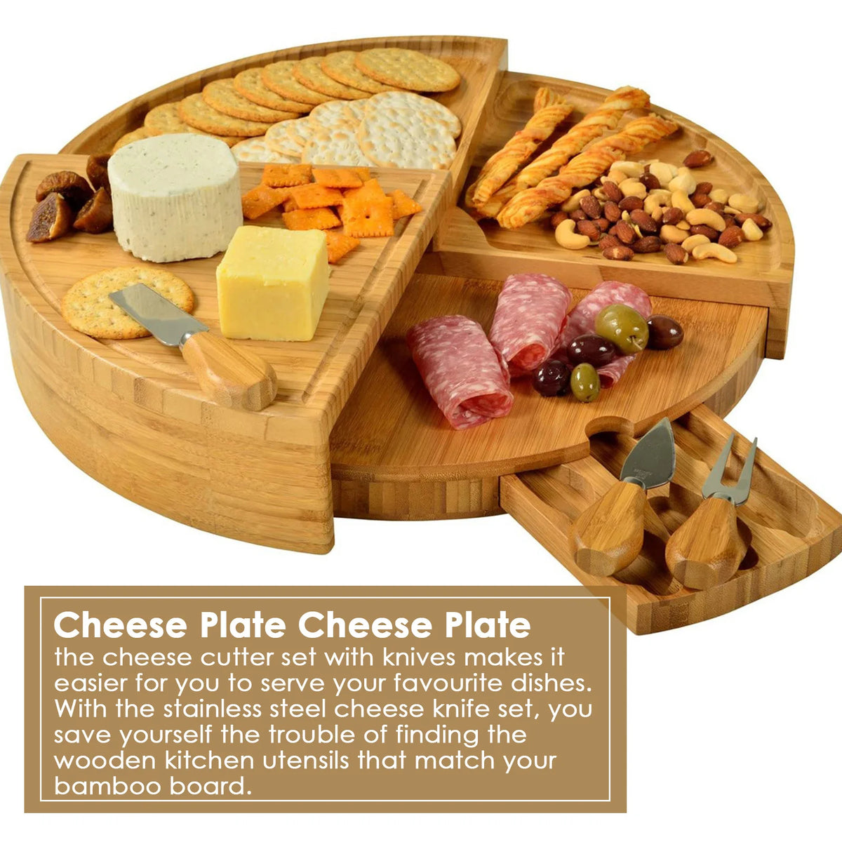 Bamboo Cheese Board with Knife Set (37 cm): Rotating Serving Plate for Entertaining and Perfect Gift Tool for Cheese Lovers