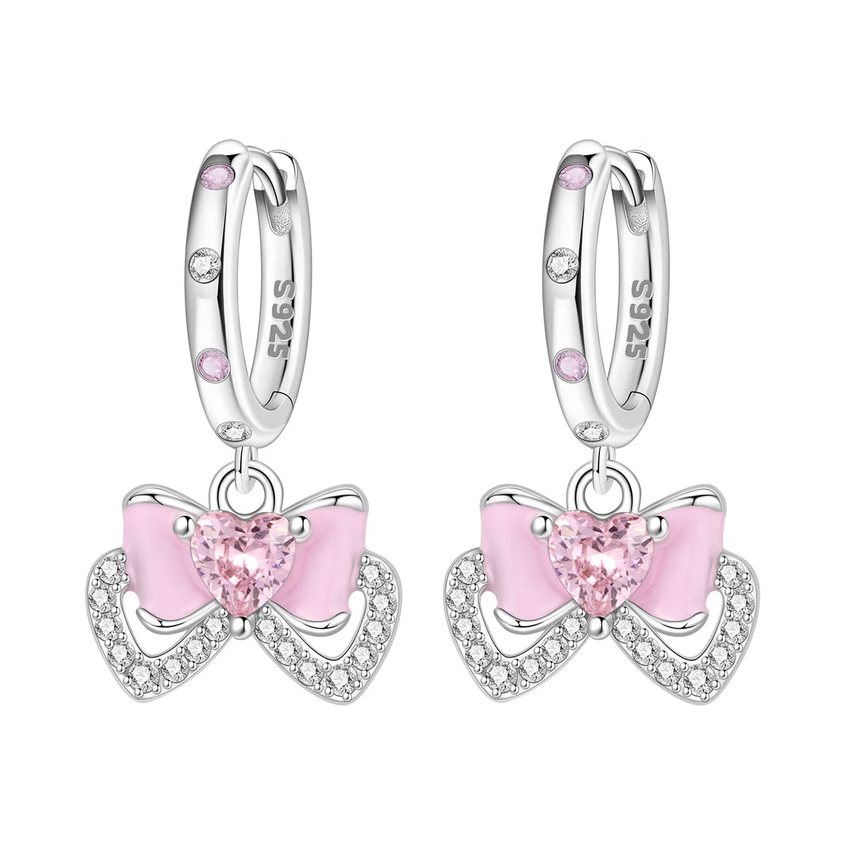 Original 925 Sterling Silver Pink Paw Print Earrings with Zircon, Heart Flower and Leaf Design, Elegant Women's Party Jewelry Gift