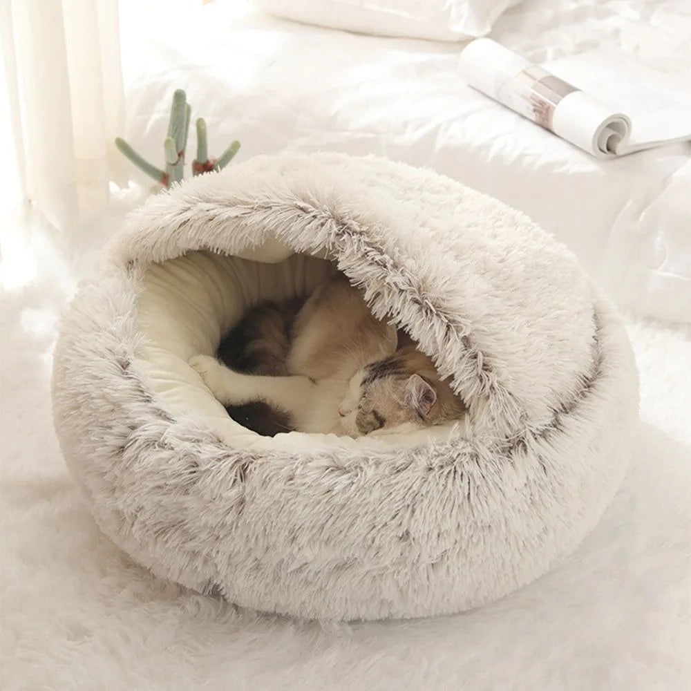 Warm Plush Pet Bed: Enclosed Round Cushion and Sleep Bag for Small Cats and Pets