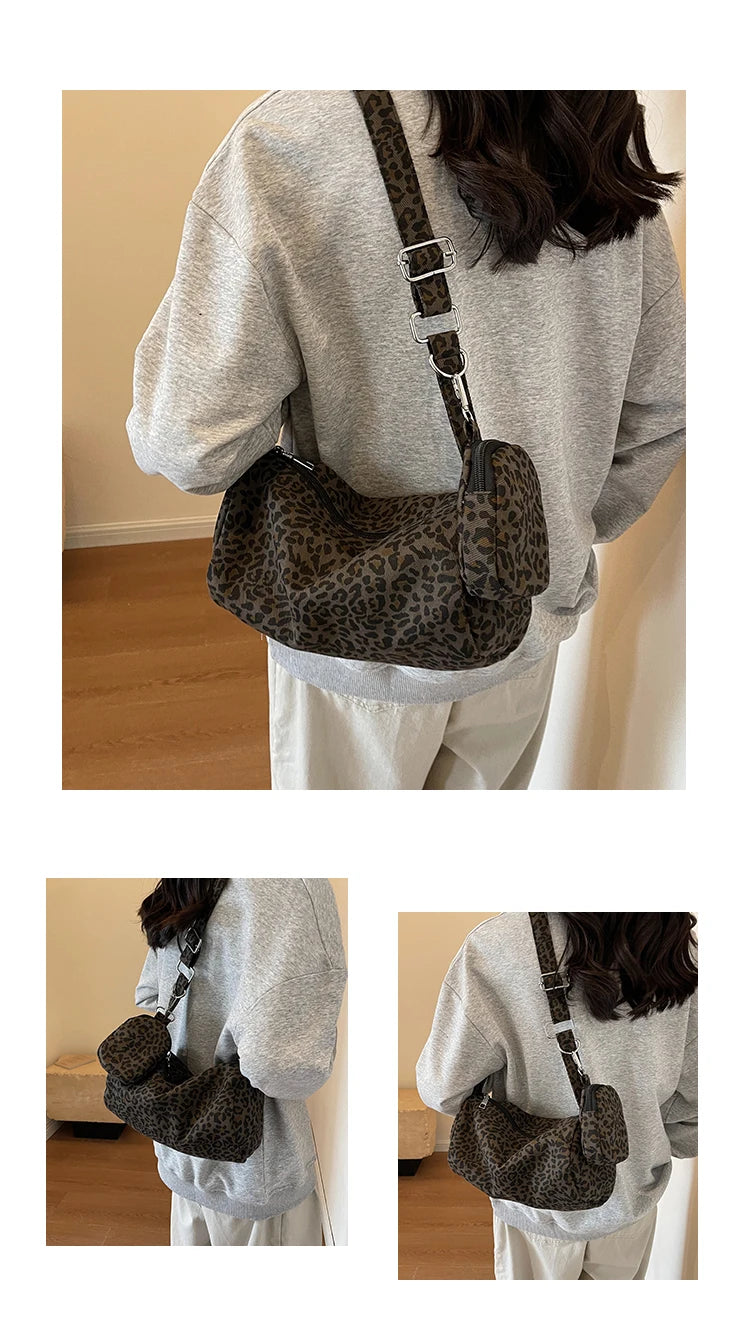 Korean Leopard Print Canvas Armpit Bag - Trendy Fashion Shoulder Bag for Women