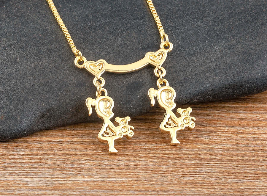 Nidin Gold-Plated Mom and Daughter Pendant Necklace with Cubic Zirconia, Elegant Mother's Day Jewelry Gift