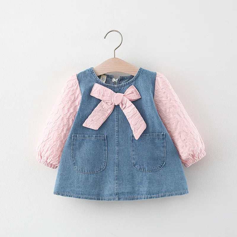 Newborn Baby Girls Spring/Fall Outfit – Bow Denim Dress, Perfect Costume for Toddlers and 1-Year Birthday Celebrations