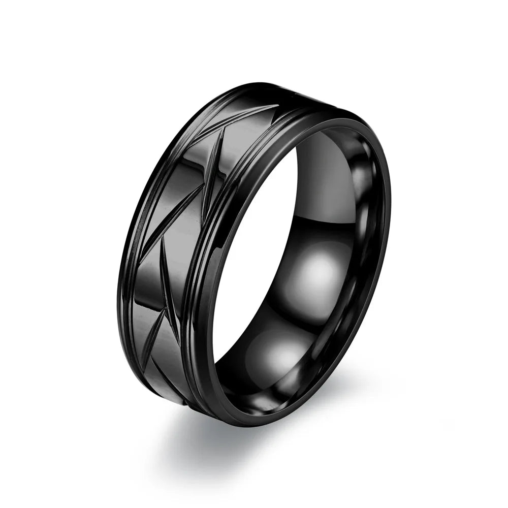 Men&#39;s Multi-Faceted Silver &amp; Black Stainless Steel Ring – Grooved Design for Engagement or Anniversary Gifts