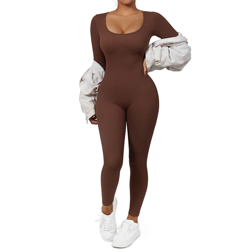 Bodycon Slim Jumpsuit For Women‘s Clothing Zipper Casual Brown Fitness Rompers Autumn 2024 Playsuit Activity Streetwear Overall