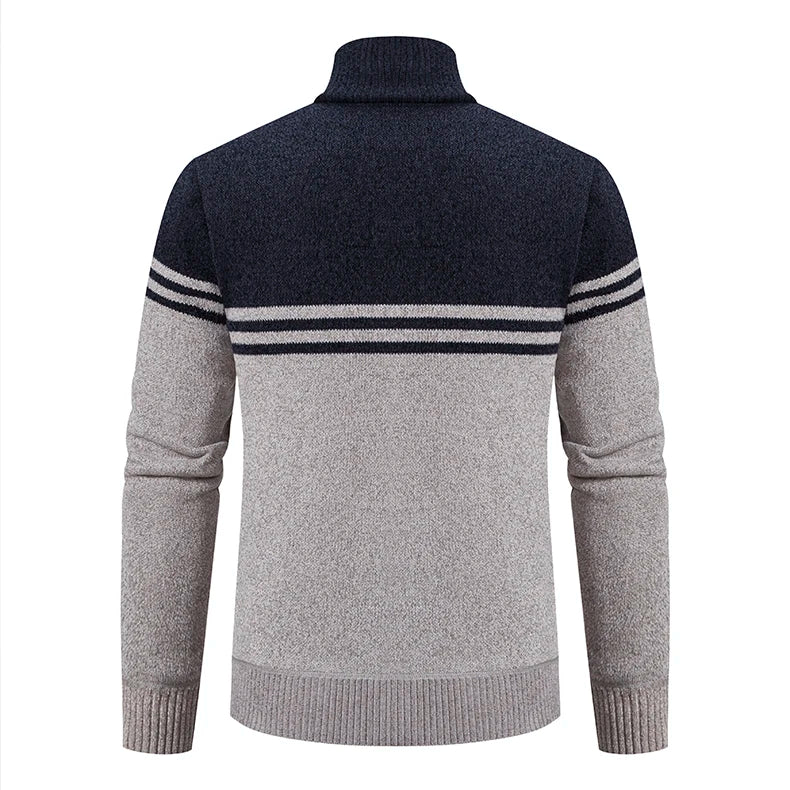 Men&#39;s New Winter Sweater Thick Fleece Warm Sweater Casual Stand Collar Zipper Cardigan Fashion Striped Coat