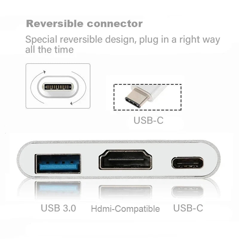 3-in-1 USB-C to HDMI Adapter – USB 3.1 Hub, Type-C Charging Converter for Samsung S23 Ultra, Huawei, Xiaomi, MacBook