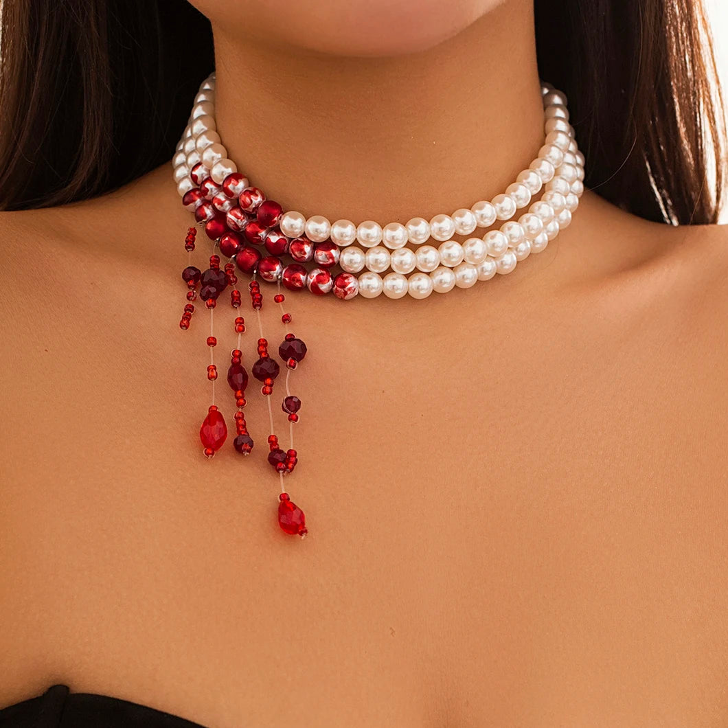 Multilayer Gothic Red Blood Tassel Necklace – Imitation Pearl &amp; Crystal Bead Pendant for Women, Perfect Halloween Jewelry