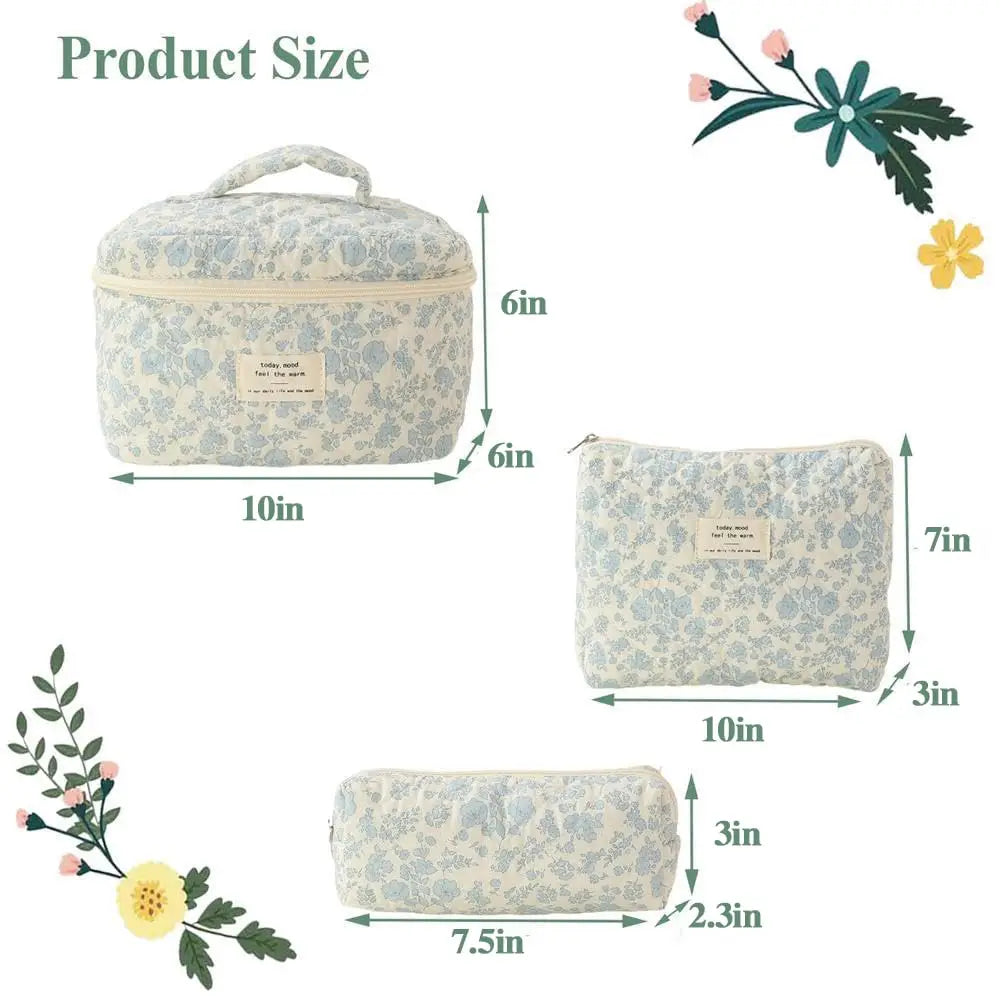 Quilted Cotton Makeup Bag - Portable Zipper Cosmetic Organizer