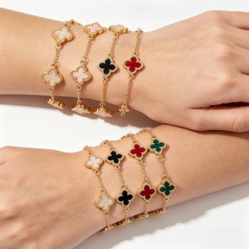 New Lucky Clover Bracelet for Women, Gold-Plated Stainless Steel Single-Sided Flower Design
