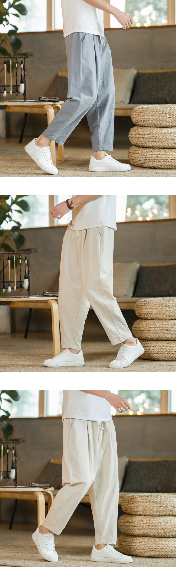 Men&#39;s Trousers Cotton Linen Fashion Casual Pants Solid Color Breathable Loose Shorts Straight Drawstring Pants Streetwear Men