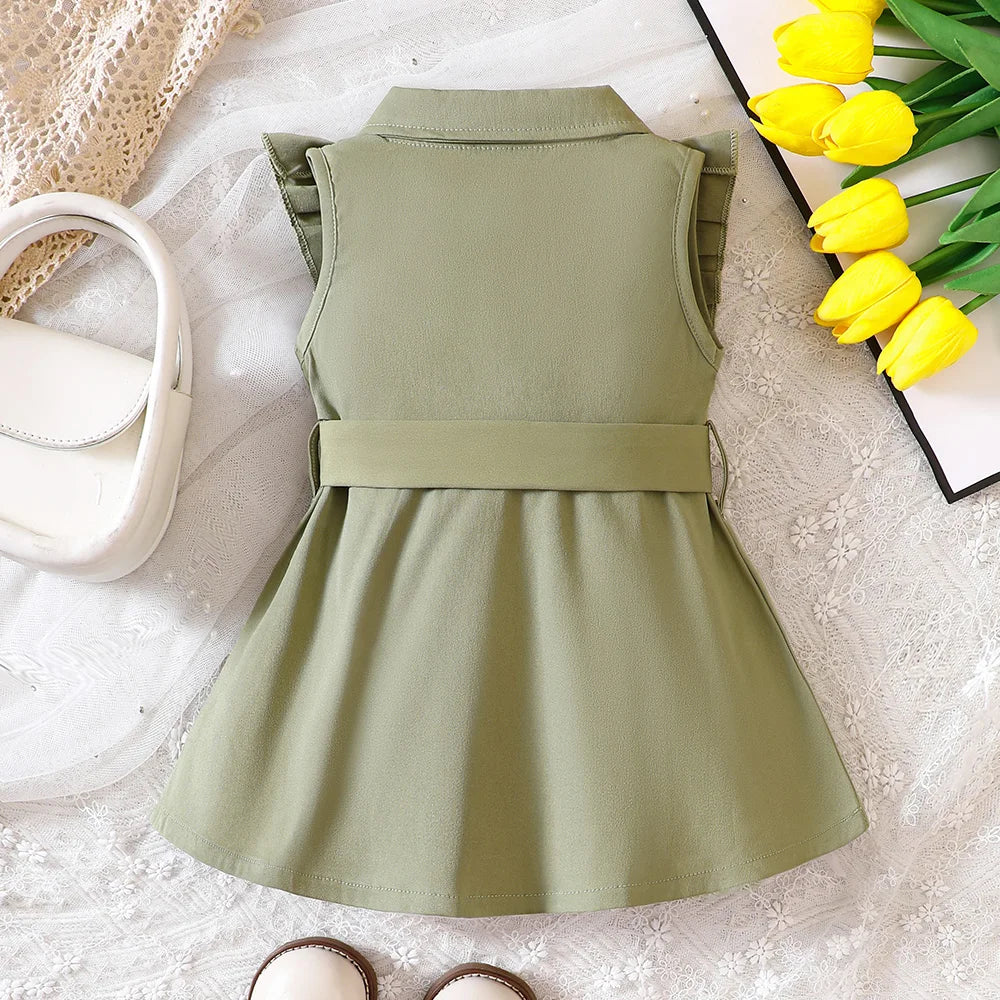 Wholesale Kids Girls Retro Solid Color Trench Dress – Belted, Double-Breasted Elegant Summer Baby Dress