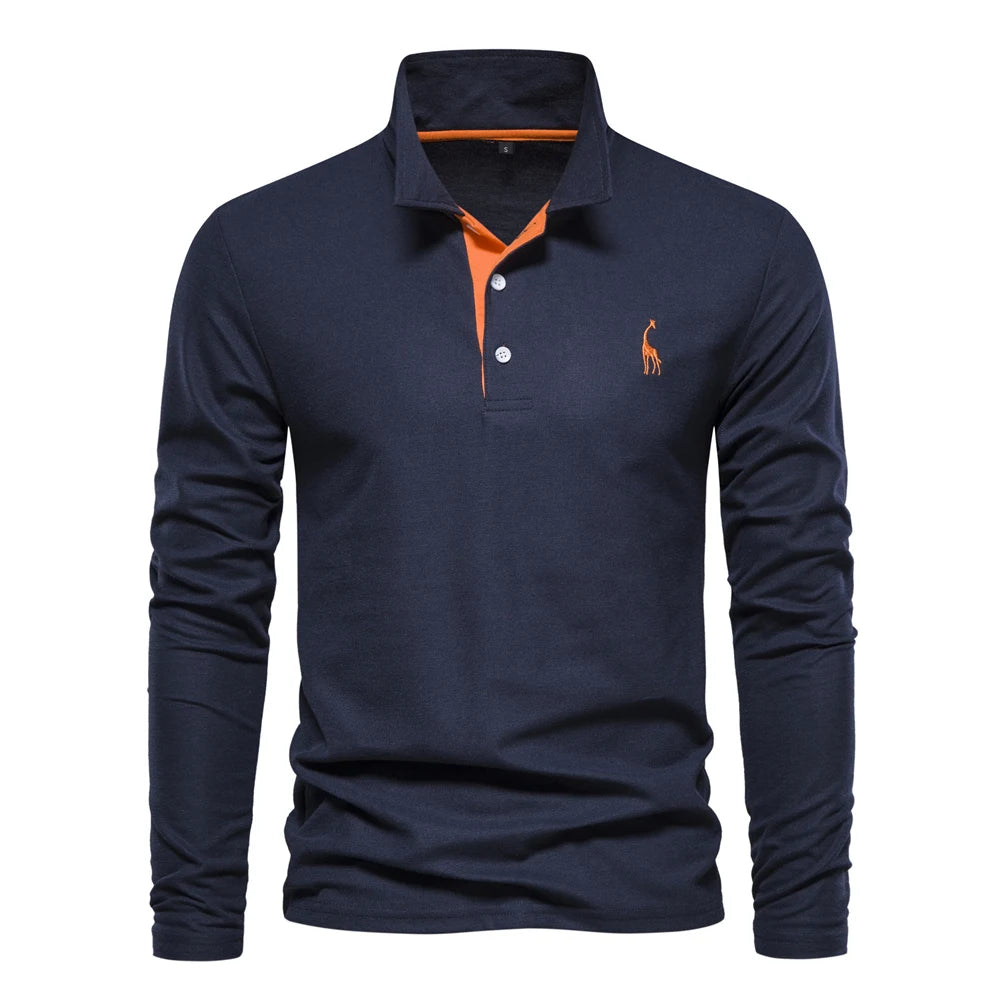 AIOPESON Deer Embroidery Men&#39;s Polo Shirts Solid Color Long Sleeve Polo Shirts for Men New Spring Social Business Polos Male