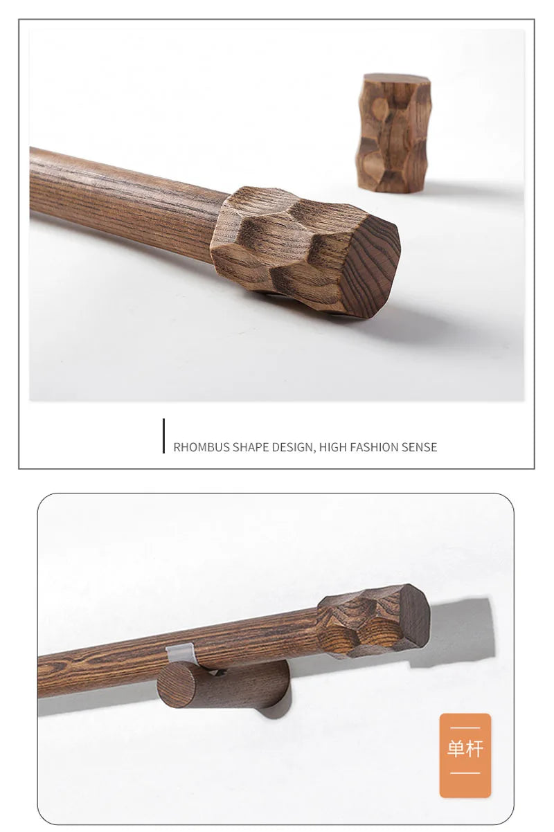 Walnut Color Single Wooden Curtain Rod Set: Premium Wax Wood Rod with Finials, Rings, and Brackets