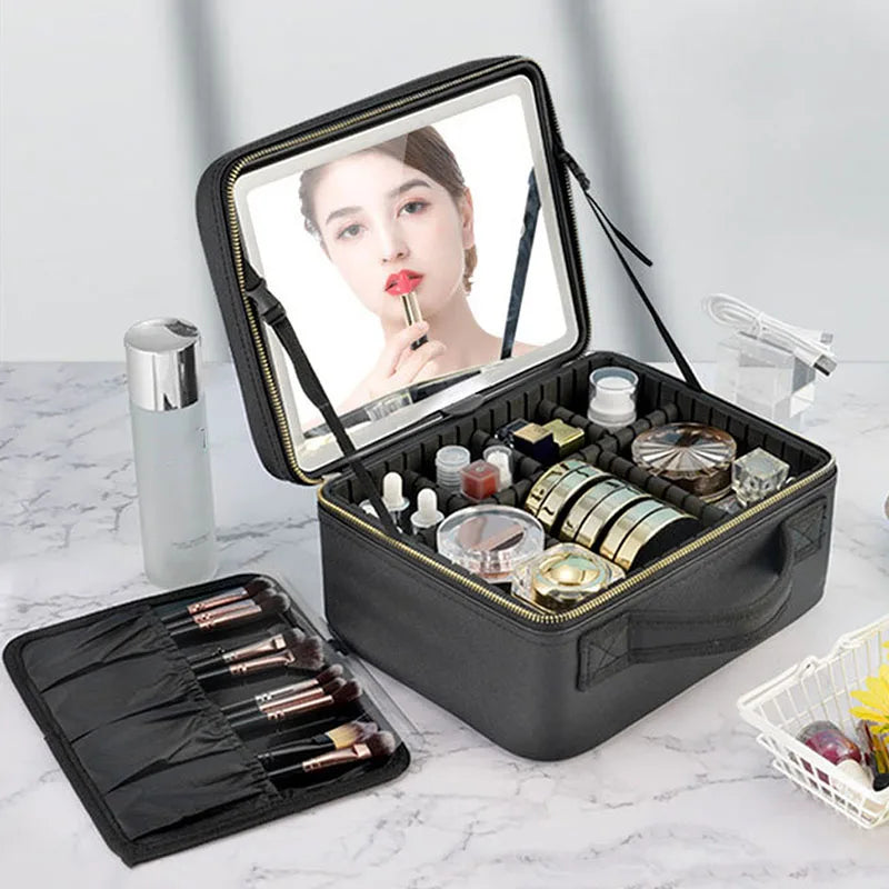 Smart LED Makeup Case with Mirror - Large Capacity Travel Cosmetic Bag