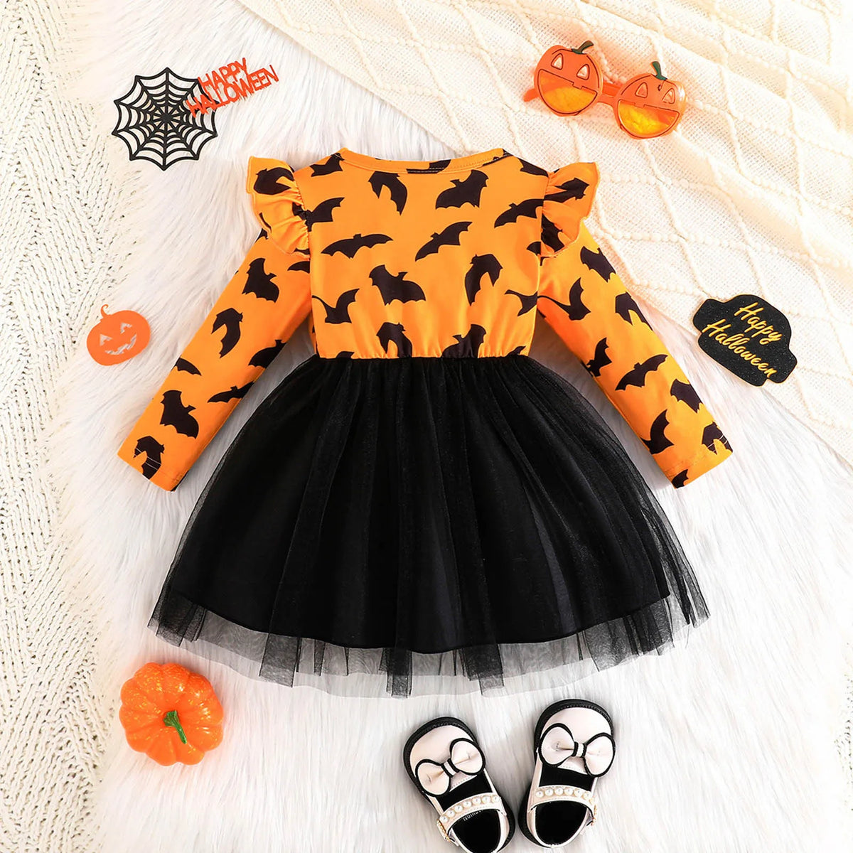 Toddler Girls Halloween Dress – Long Sleeve Tulle Dress with Pumpkin Prints and Bowknot, Perfect for Autumn and Winter Princess Looks