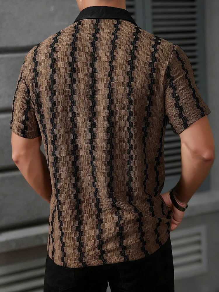 Men's Vintage Plaid Knit Shirt, Breathable Textured Short Sleeve Button-Up, Casual Summer Vacation Wear