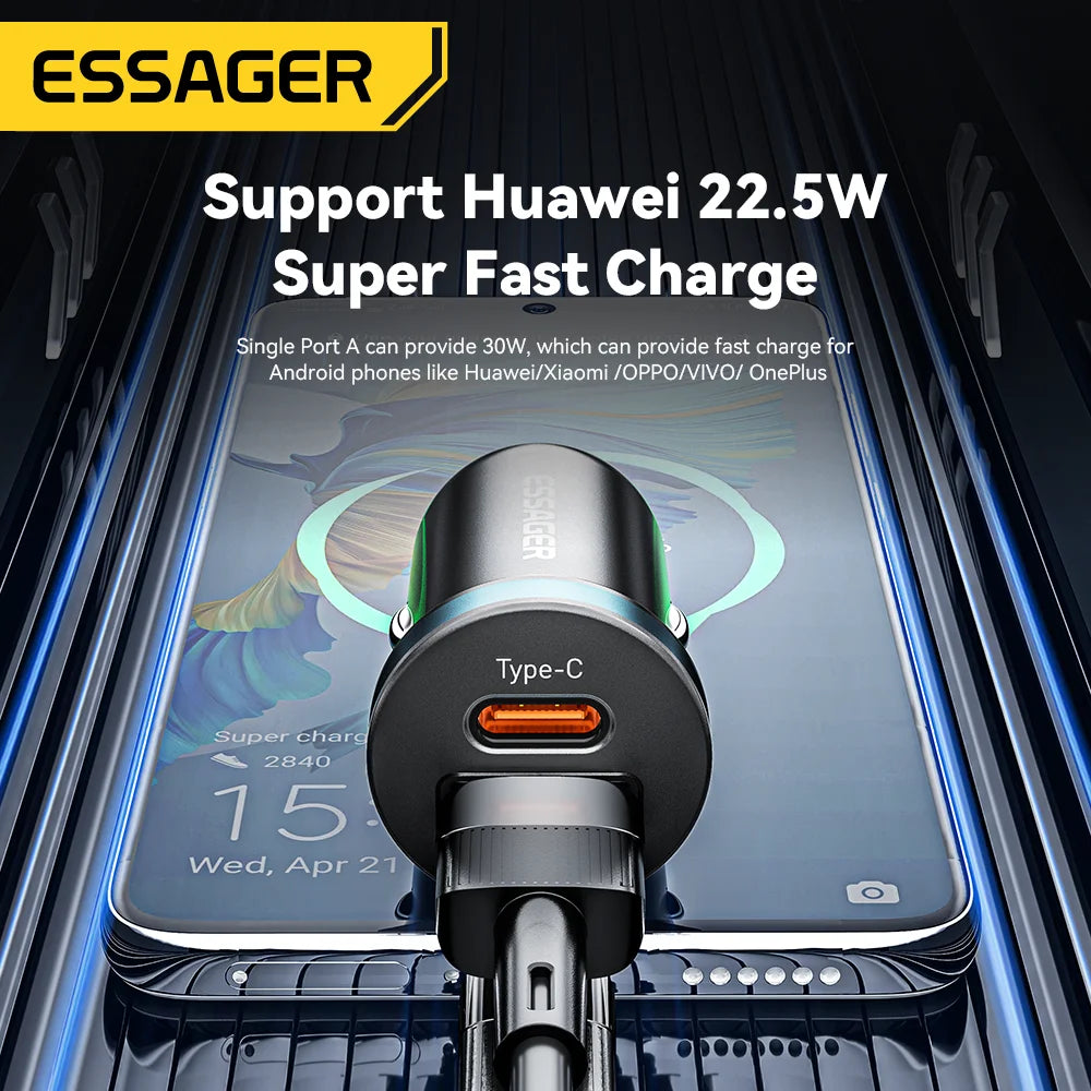 Essager 30W USB-C Car Charger – Quick Charger with PD, QC 3.0, SCP, 5A Fast Charging for iPhone, Xiaomi, Samsung