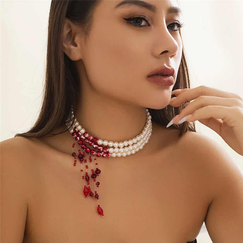 Multilayer Gothic Red Blood Tassel Necklace – Imitation Pearl &amp; Crystal Bead Pendant for Women, Perfect Halloween Jewelry