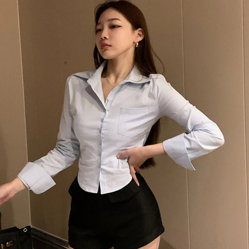 Women&#39;s Elegant Slim Blouse: Korean Y2K Cropped Shirt for Casual &amp; Office Wear