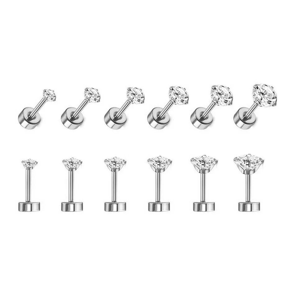 Stainless Steel Crystal Flat Stud Earrings – Round Cubic Zirconia Screw-Back for Tragus Piercing, Unisex Jewelry