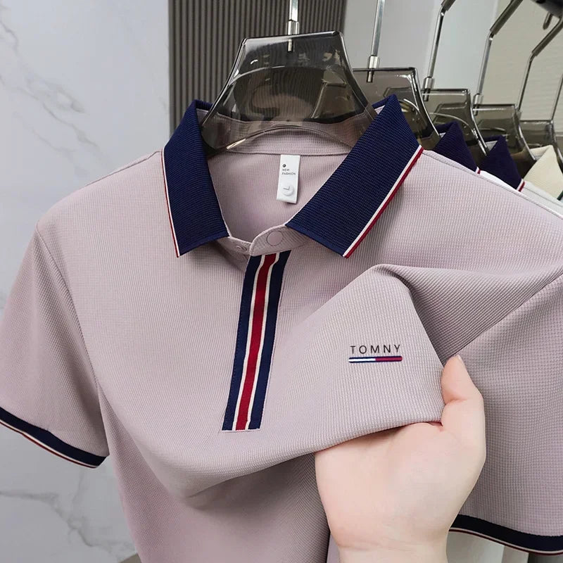 Men's Luxury Ice Silk Polo Shirt, Breathable Short Sleeve Business Casual Golf T-Shirt for Summer