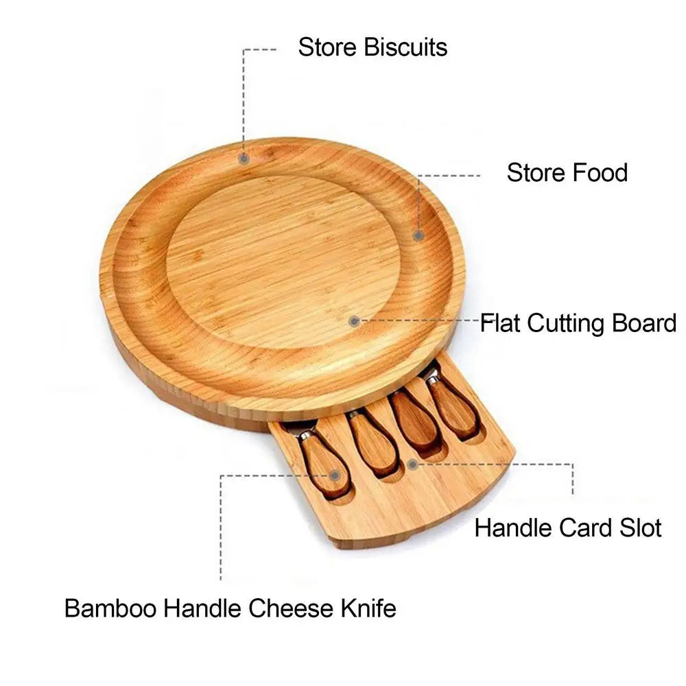 Bamboo Cheese Board Set: Includes Cheese Knife, Slicer, Fork, and Scoop – Perfect Kitchen Tools for Serving and Cutting Cheeses