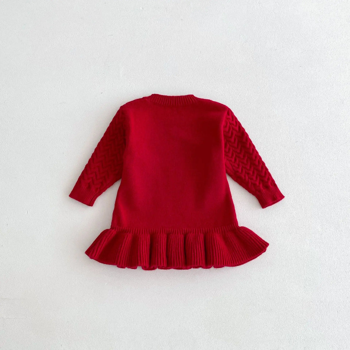 Autumn and Winter Korean Girls Sweater Dress – Long Sleeve Knitted Ruffle Dress with Twist Design and Round Neck