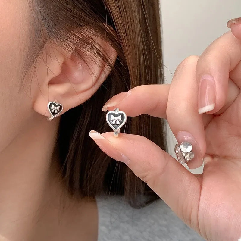 Silver Heart Butterfly Bow Hoop Earrings for Women, Elegant Korean Style Minimalist Fashion Jewelry