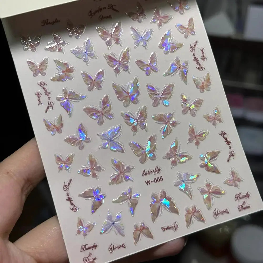 Pink Purple Aurora Butterfly Nail Stickers - Shiny 3D Adhesive Decals