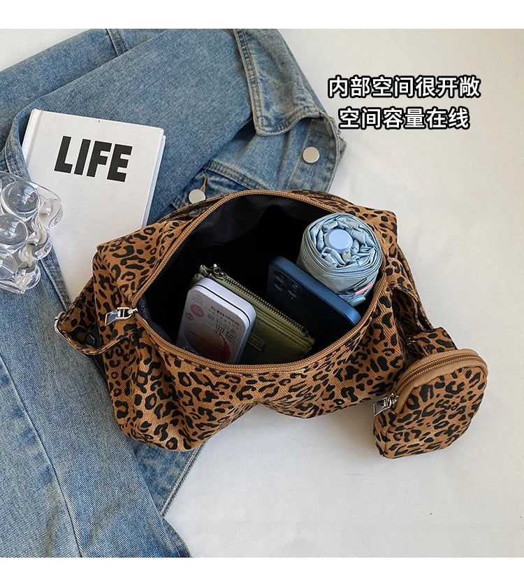 Korean Leopard Print Canvas Armpit Bag - Trendy Fashion Shoulder Bag for Women