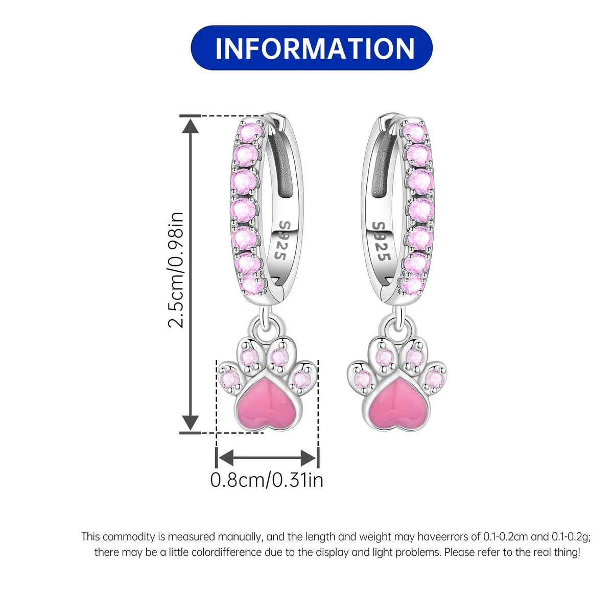 Original 925 Sterling Silver Pink Paw Print Earrings with Zircon, Heart Flower and Leaf Design, Elegant Women's Party Jewelry Gift