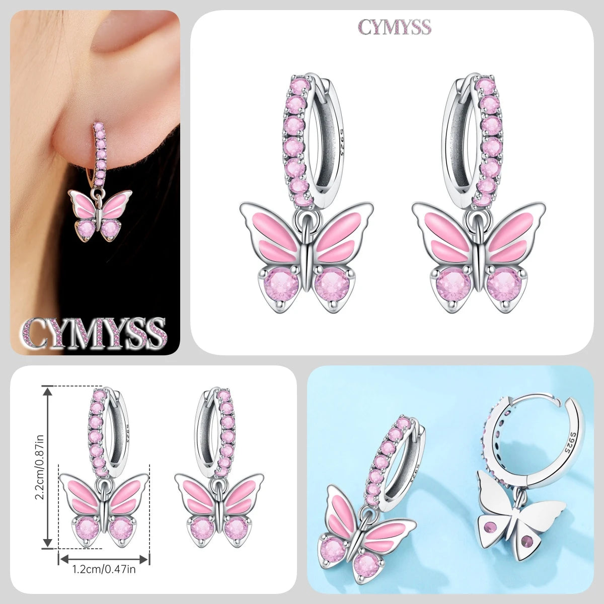 Original 925 Sterling Silver Pink Paw Print Earrings with Zircon, Heart Flower and Leaf Design, Elegant Women's Party Jewelry Gift