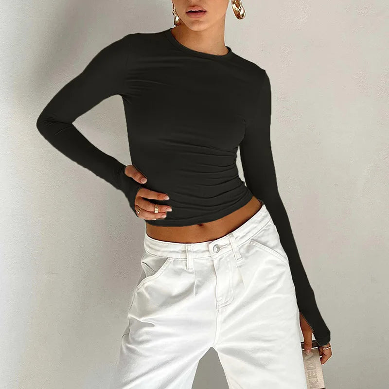 Fashion Women’s Long Sleeve Crew Neck T-Shirt: Slim Fit Crop Top with Thumb Holes for Summer Streetwear