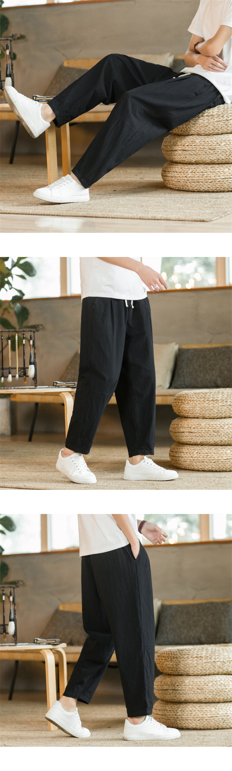 Men&#39;s Trousers Cotton Linen Fashion Casual Pants Solid Color Breathable Loose Shorts Straight Drawstring Pants Streetwear Men