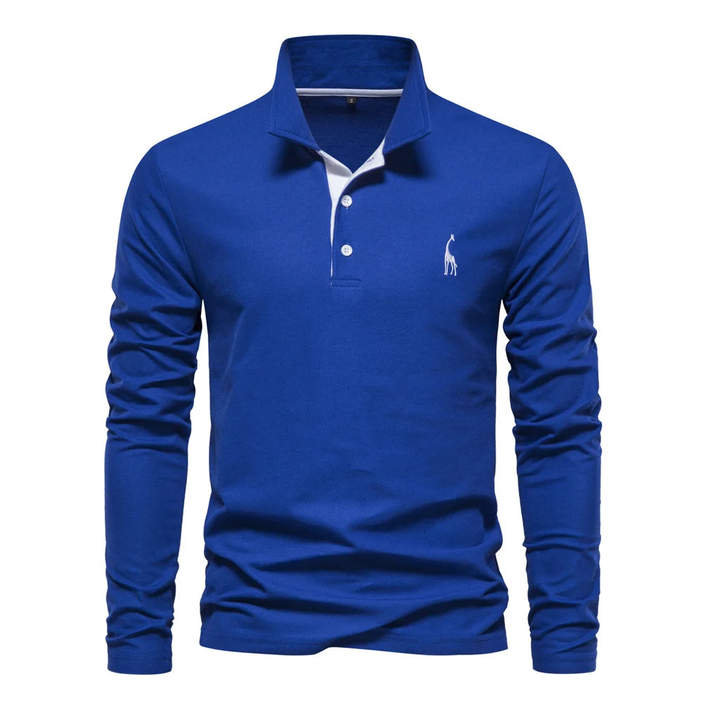 AIOPESON Deer Embroidery Men&#39;s Polo Shirts Solid Color Long Sleeve Polo Shirts for Men New Spring Social Business Polos Male