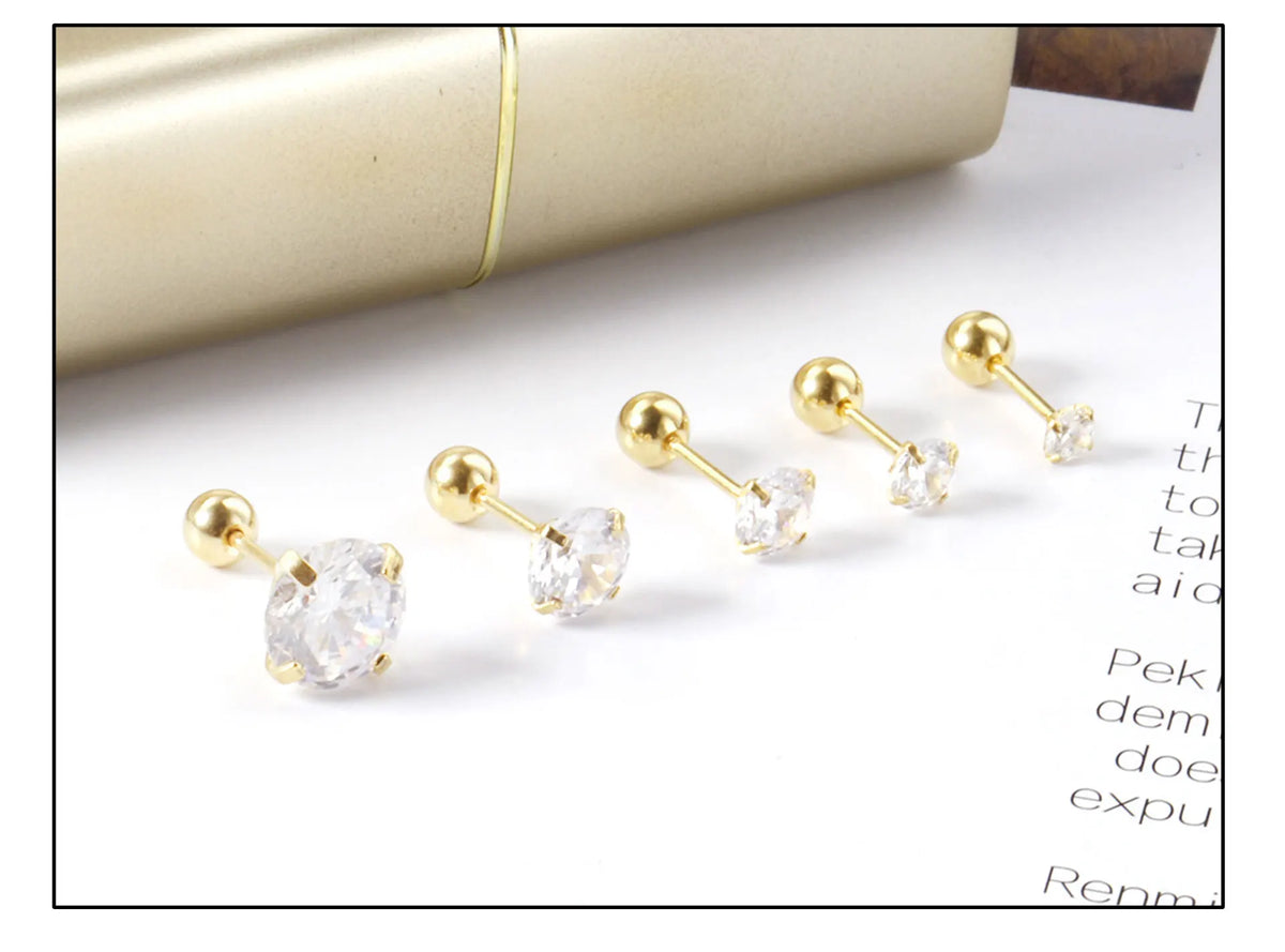 Shiny Crystal Zircon Stud Earrings – Round Beads with Screw Back, Stainless Steel, Available in 3-8mm for Men and Women