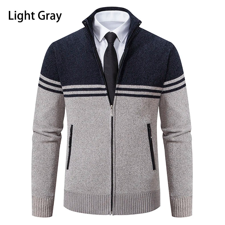 Men&#39;s New Winter Sweater Thick Fleece Warm Sweater Casual Stand Collar Zipper Cardigan Fashion Striped Coat