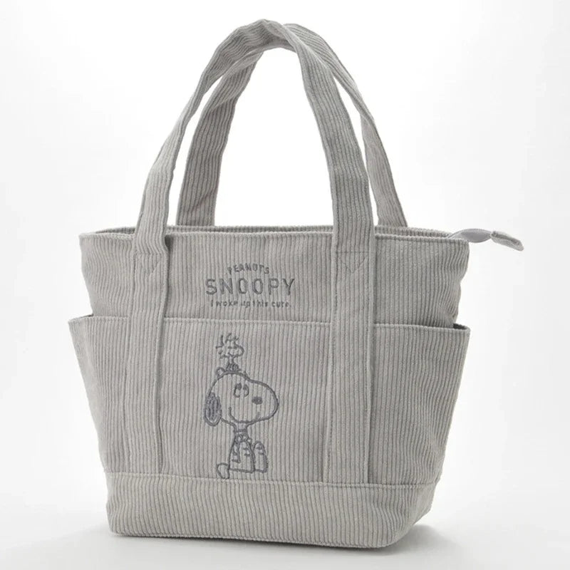 MINISO Disney Snoopy Corduroy Tote Bag - Casual Large Capacity Zipper Shoulder Handbag for Students